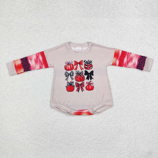 LR1724 Pumpkin Bows Print Baby Girls Fall Romper