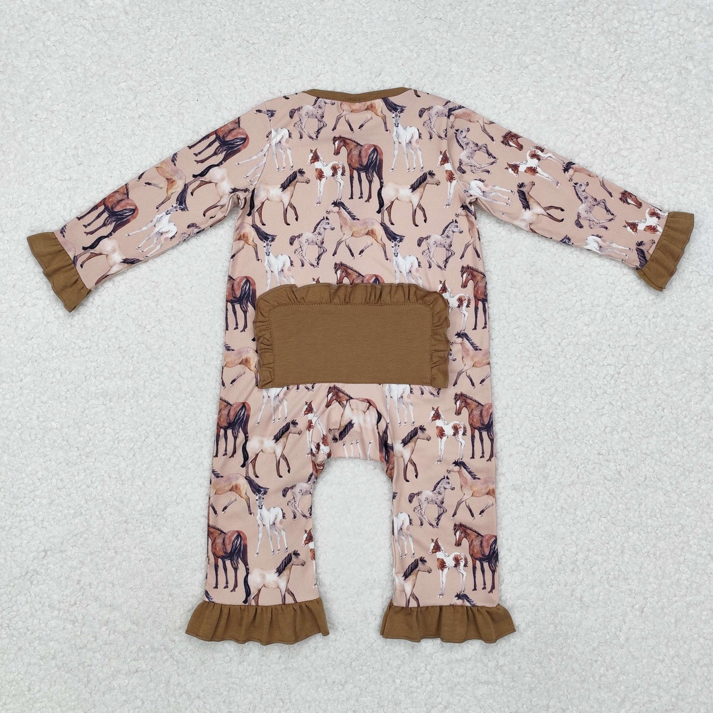 LR1771 Horse Brown Print Baby Girls Fall Western Sleeper Zipper Romper