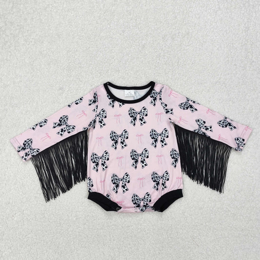 LR1824 Cowhide Bows Western Print Baby Girls Tassels Romper
