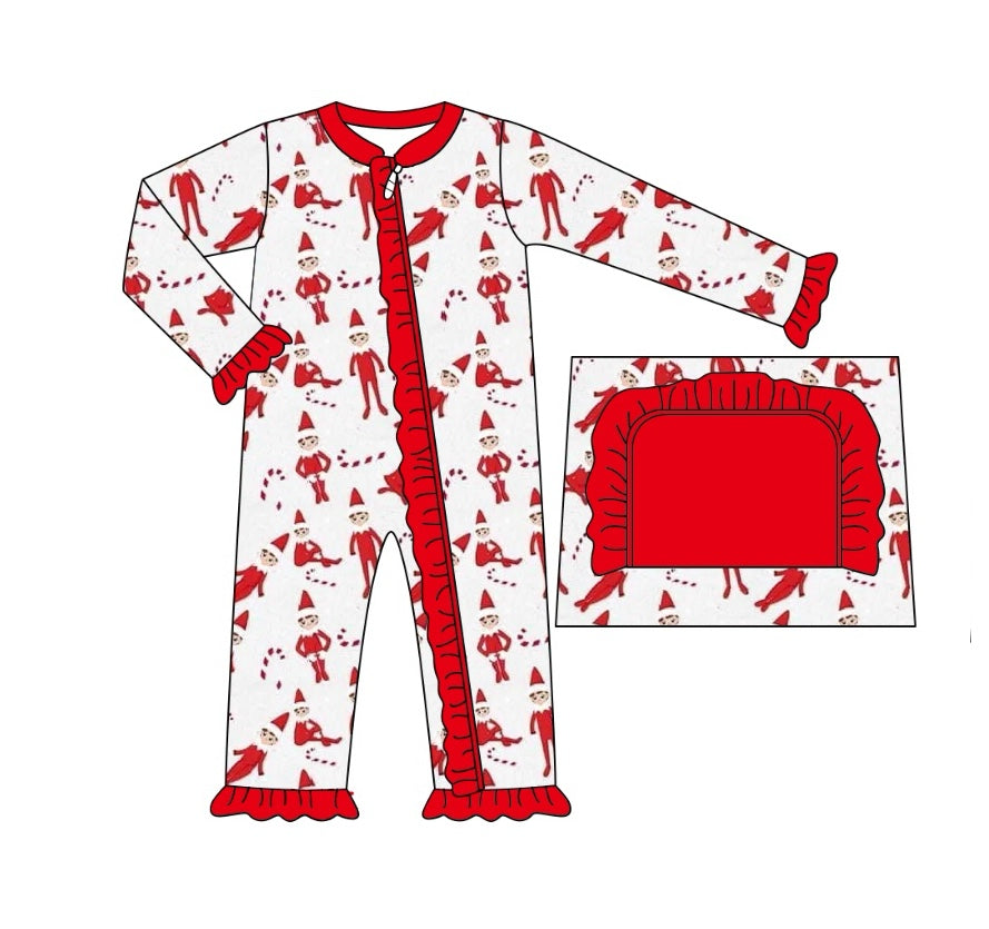 (Pre-order)LR1851 Christmas Shelf Red Print Baby Girls Sleeper Zipper Romper