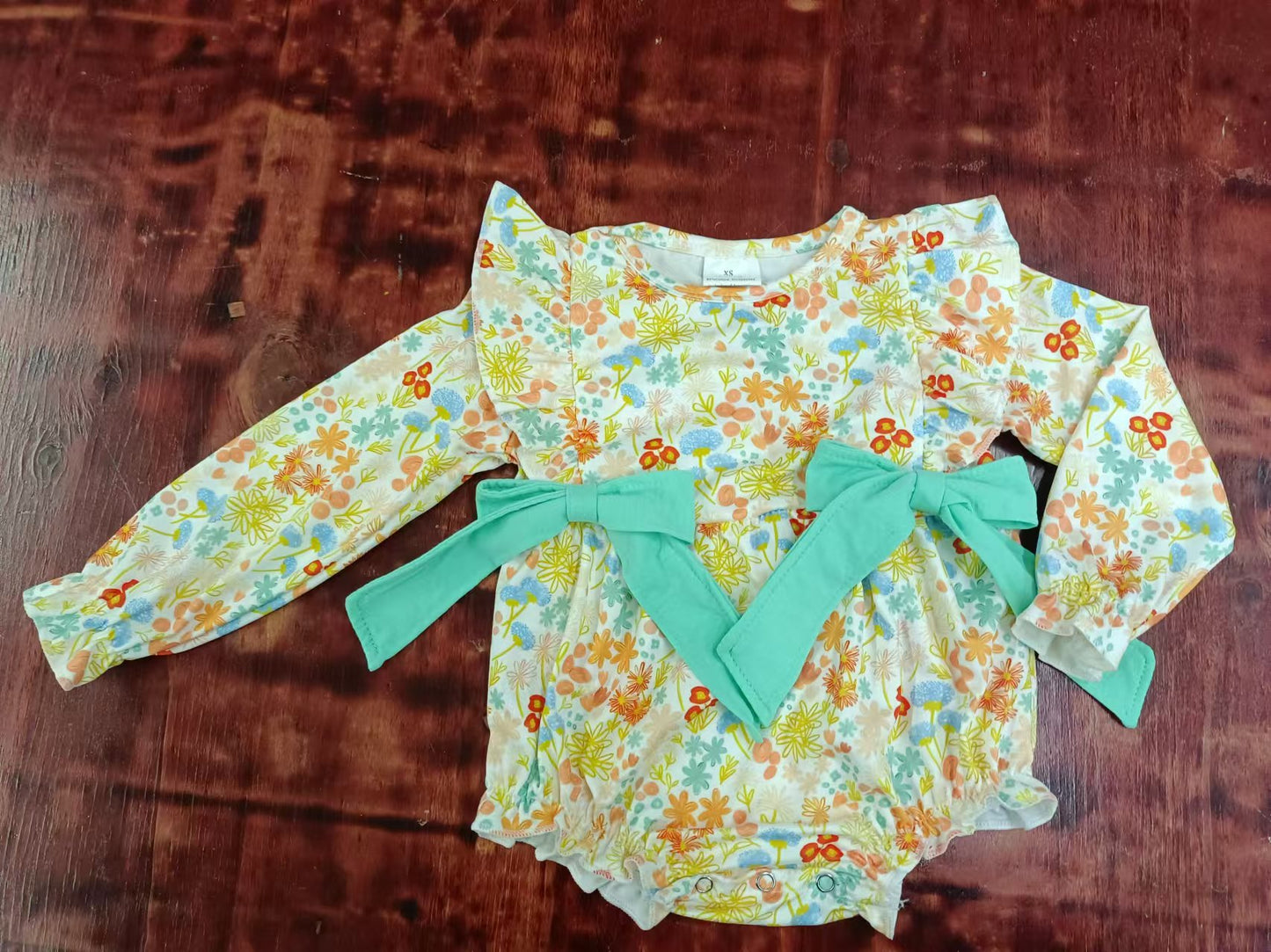 (Custom Design Preorder MOQ 3) Orange Flowers Print Baby Girls Fall Romper