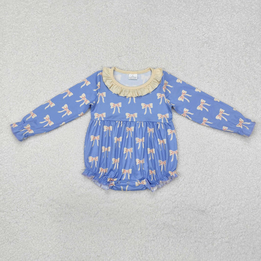 LR1941 Blue Bows Print Baby Girls Fall Romper