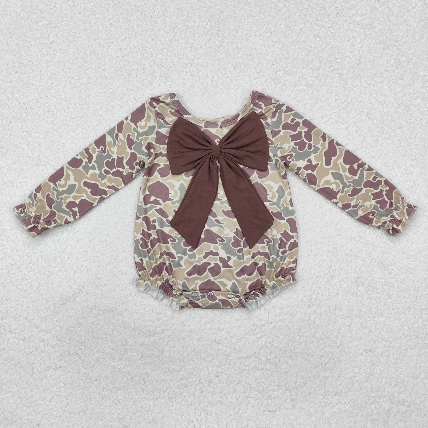 LR2034 Camo Print Baby Girls Big Bow Fall Long Sleeve Romper