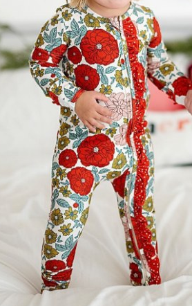 (Pre-order)LR2036 Red Flowers Print Baby Girls Fall Sleeper Zipper Romper
