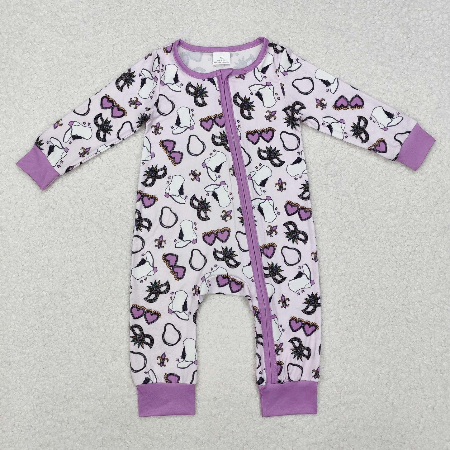 LR2038 Mardi Gras Purple Print Baby Girls Sleeper Zipper Romper