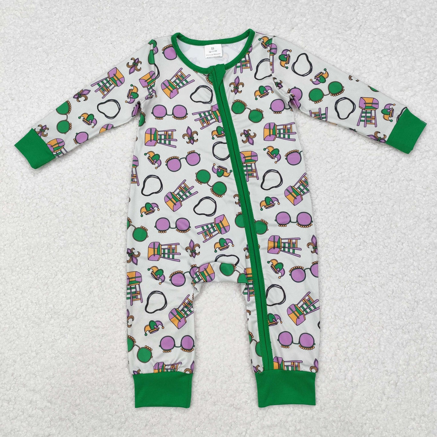 LR2039 Mardi Gras Green Print Baby Boys Sleeper Zipper Romper