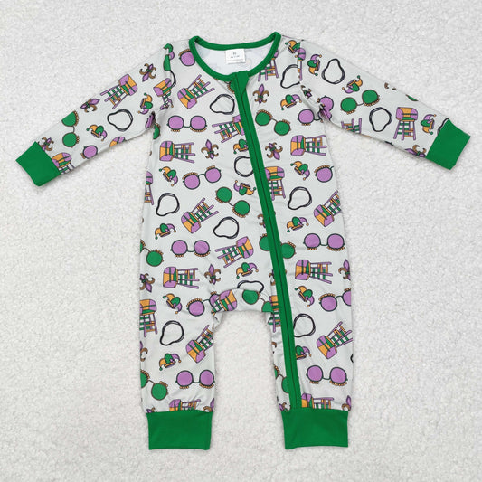 LR2039  Mardi Gras Green Print Baby Boys Sleeper Zipper Romper