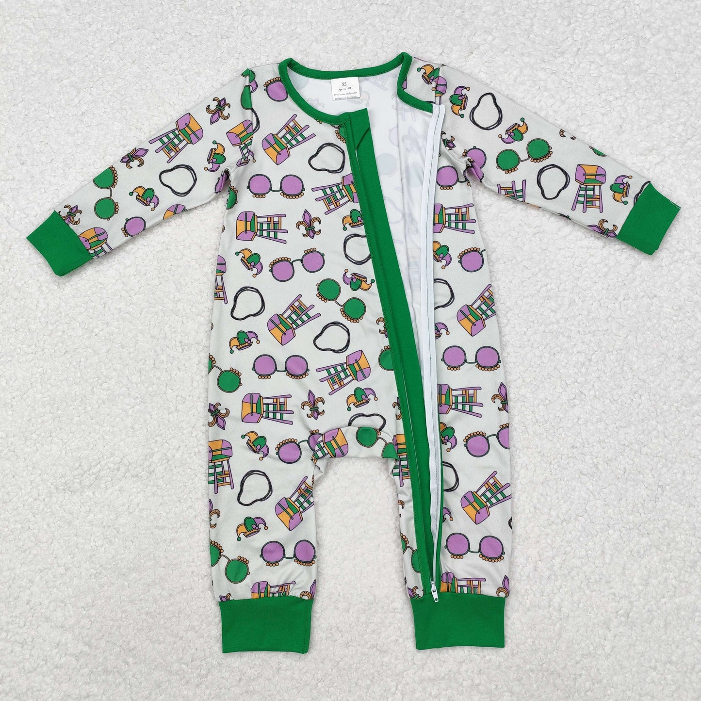 LR2039 Mardi Gras Green Print Baby Boys Sleeper Zipper Romper