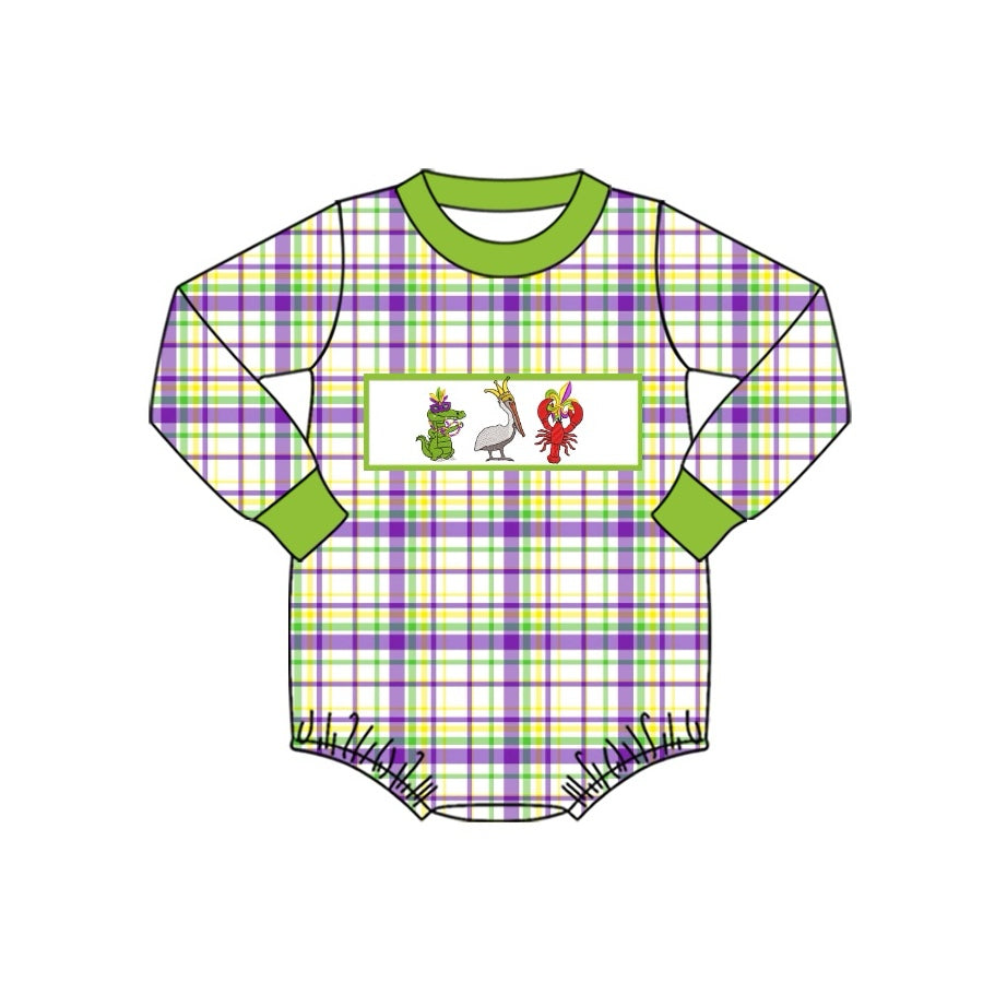 (Pre-order)LR2049 Crocodile Bird Crayfish Plaid Print Baby Boys Mardi Gras Romper