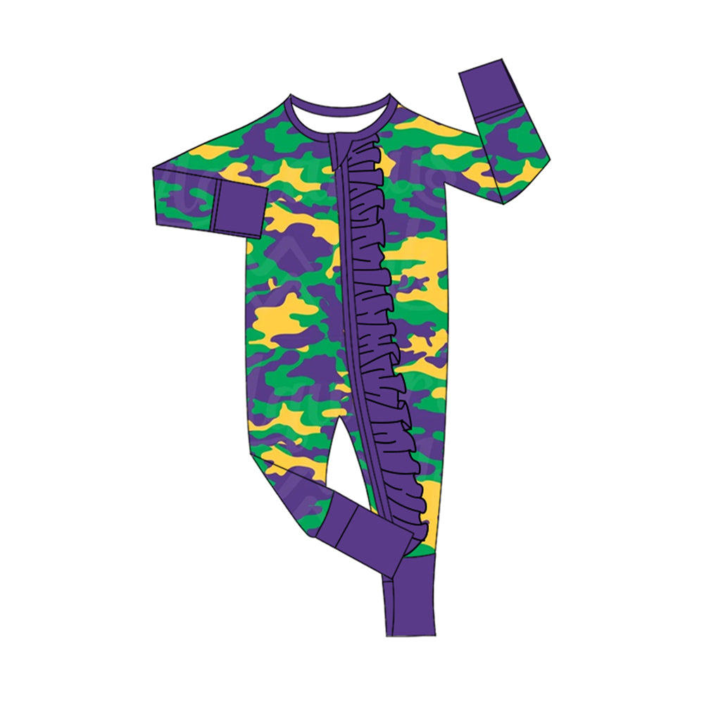 (Pre-order)LR2056 Green Yellow Purple Camo Print Baby Girls Mardi Gras Sleeper Zipper Romper