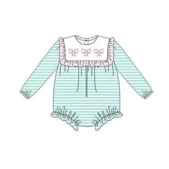 (Pre-order)LR2067 Bows Green Stripes Print Baby Girls Fall Romper