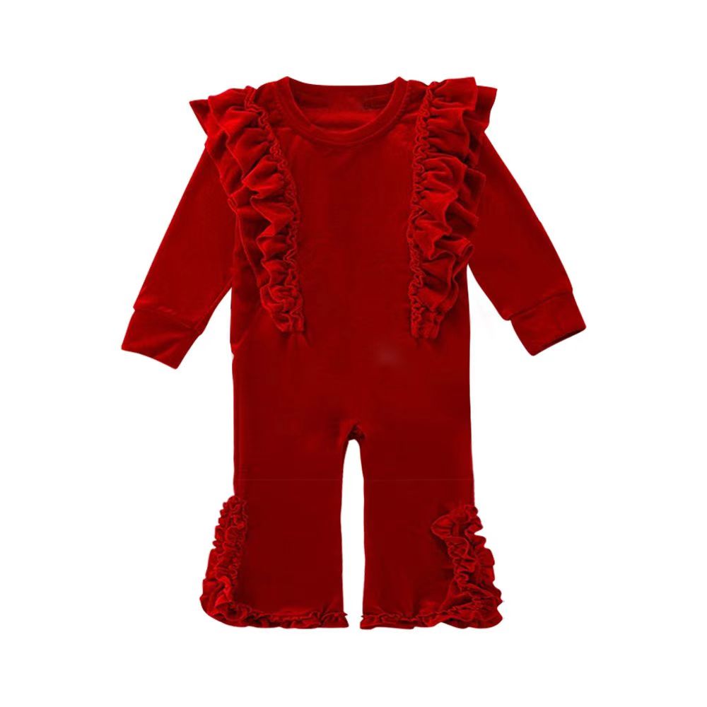(Pre-order)LR2080 Red Color Velvet Baby Girls Christmas Romper