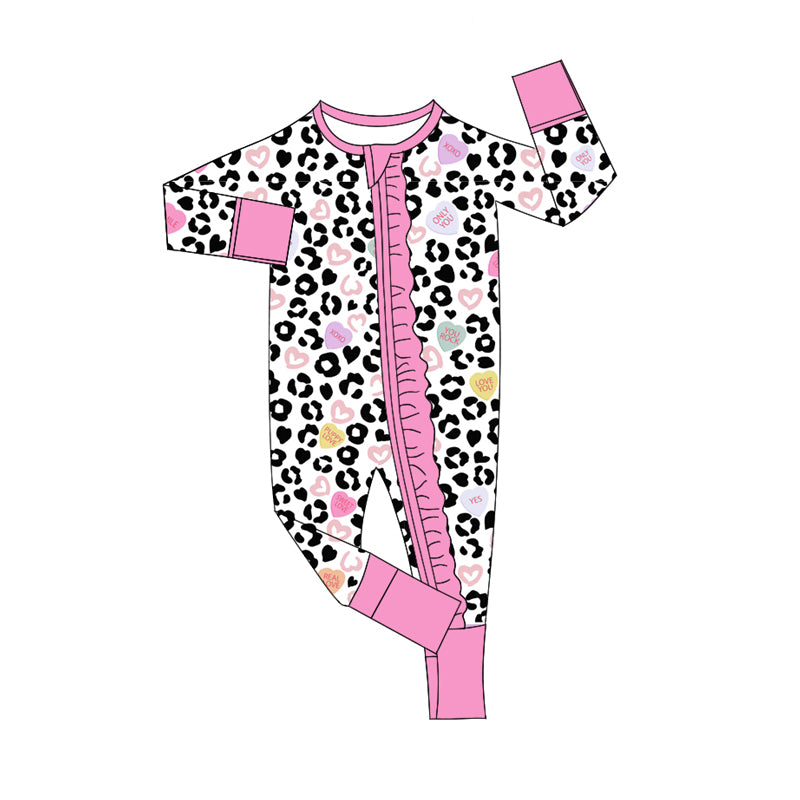 (Pre-order)LR2089 Heart Leopard Print Baby Girls Valentine's Day Sleeper Zipper Romper