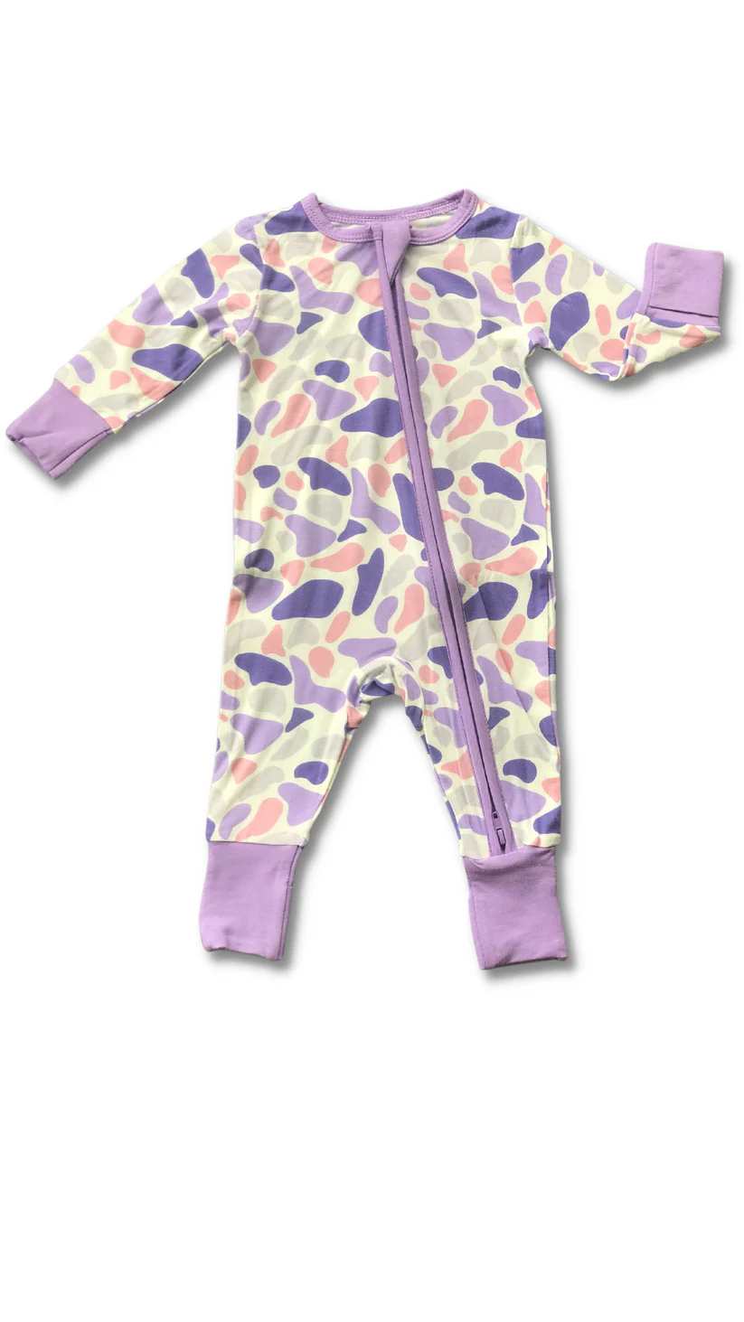 (Pre-order)LR2099 Purple Camo Print Baby Girls Sleeper Zipper Romper