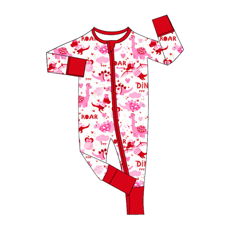(Pre-order)LR2106 Dino Heart Pink Print Baby Girls Valentine's Day Sleeper Zipper Romper