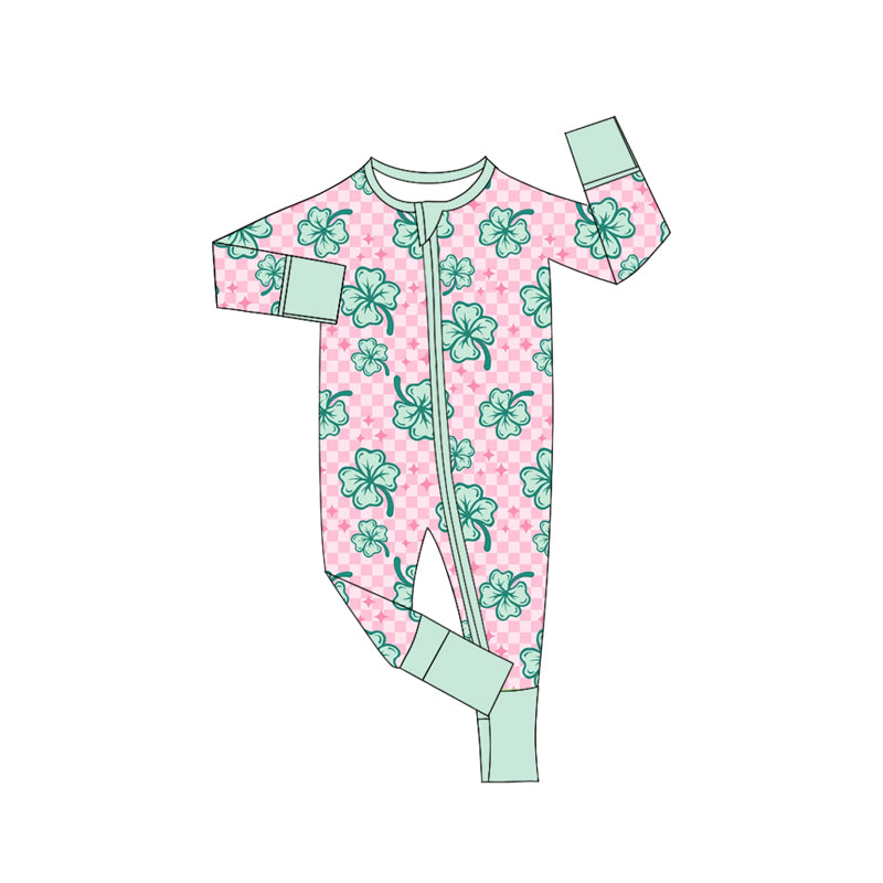 (Pre-order)LR2107 Four-leaf Clover Pink Plaid Print Baby Girls St. Patrick's Day Sleeper Zipper Romper
