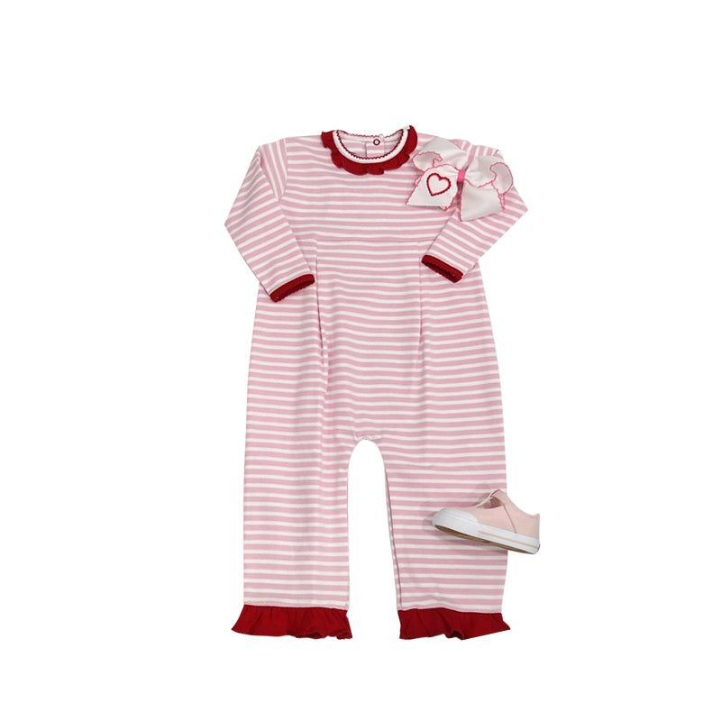 (Pre-order)LR2112 Pink Stripes Print Baby Girls Valentine's Day Romper