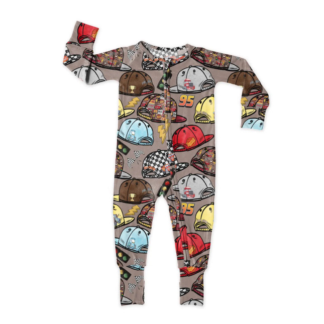 (Pre-order)LR2159 Cartoon Cars Hat Print Baby Boys Sleeper Zipper Romper