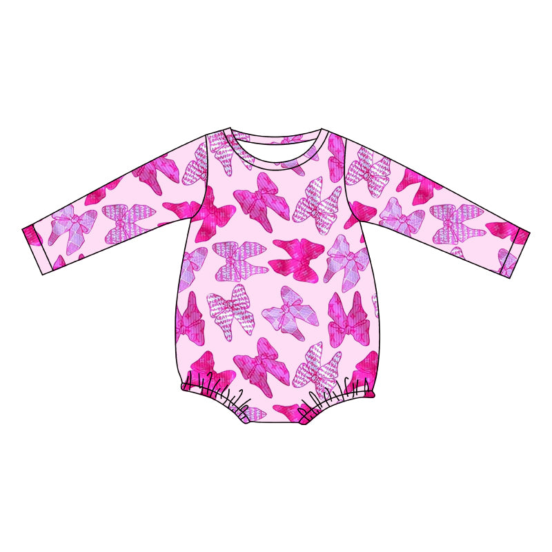 (Pre-order)LR2173 Hot Pink Bows Print Baby Girls Long Sleeve Romper