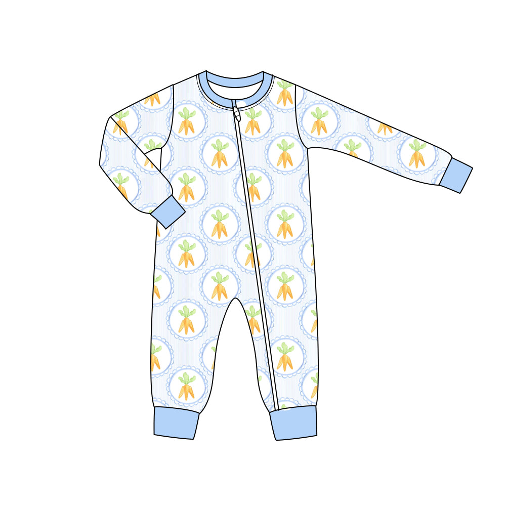 (Pre-order)LR2177 Carrot Blue Print Baby Boys Easter Sleeper Zipper Romper
