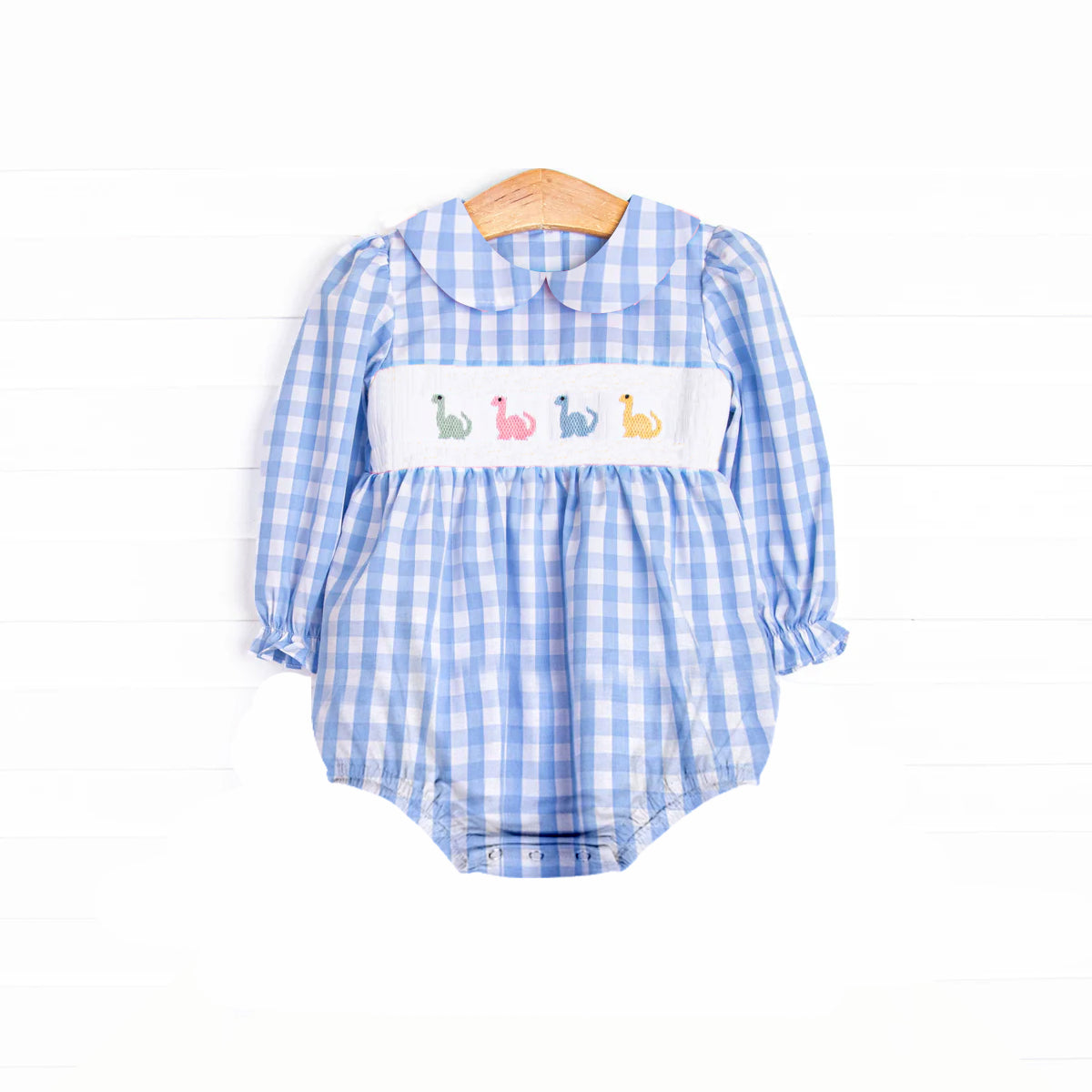 (Pre-order)LR2178 Dino Blue Plaid Print Baby Girls Long Sleeve Smocked Bubble Romper