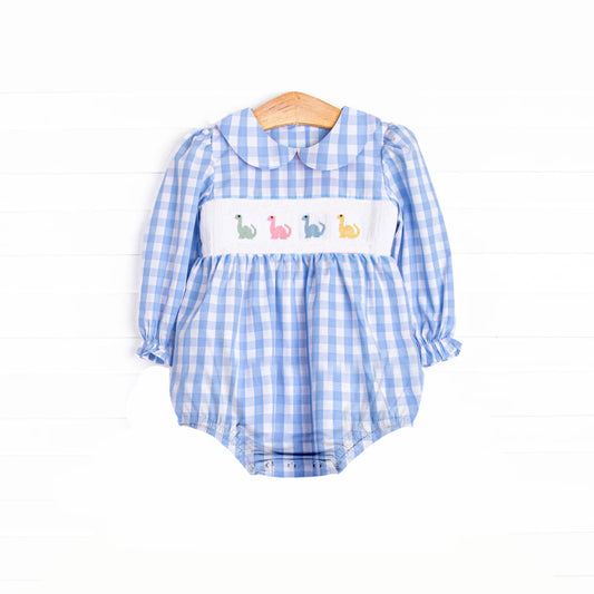 (Pre-order)LR2178 Dino Blue Plaid Print Baby Girls Long Sleeve Smocked Bubble Romper