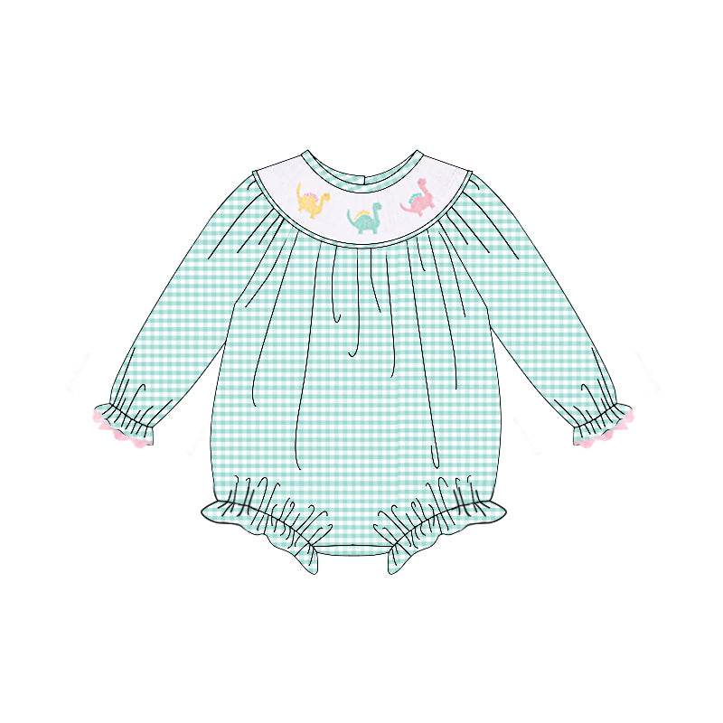 (Pre-order)LR2179 Dino Green Plaid Print Baby Girls Long Sleeve Smocked Bubble Romper