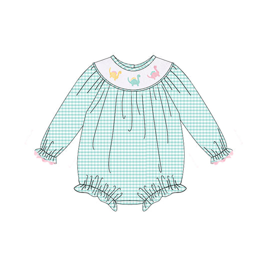 (Pre-order)LR2179 Dino Green Plaid Print Baby Girls Long Sleeve Smocked Bubble Romper