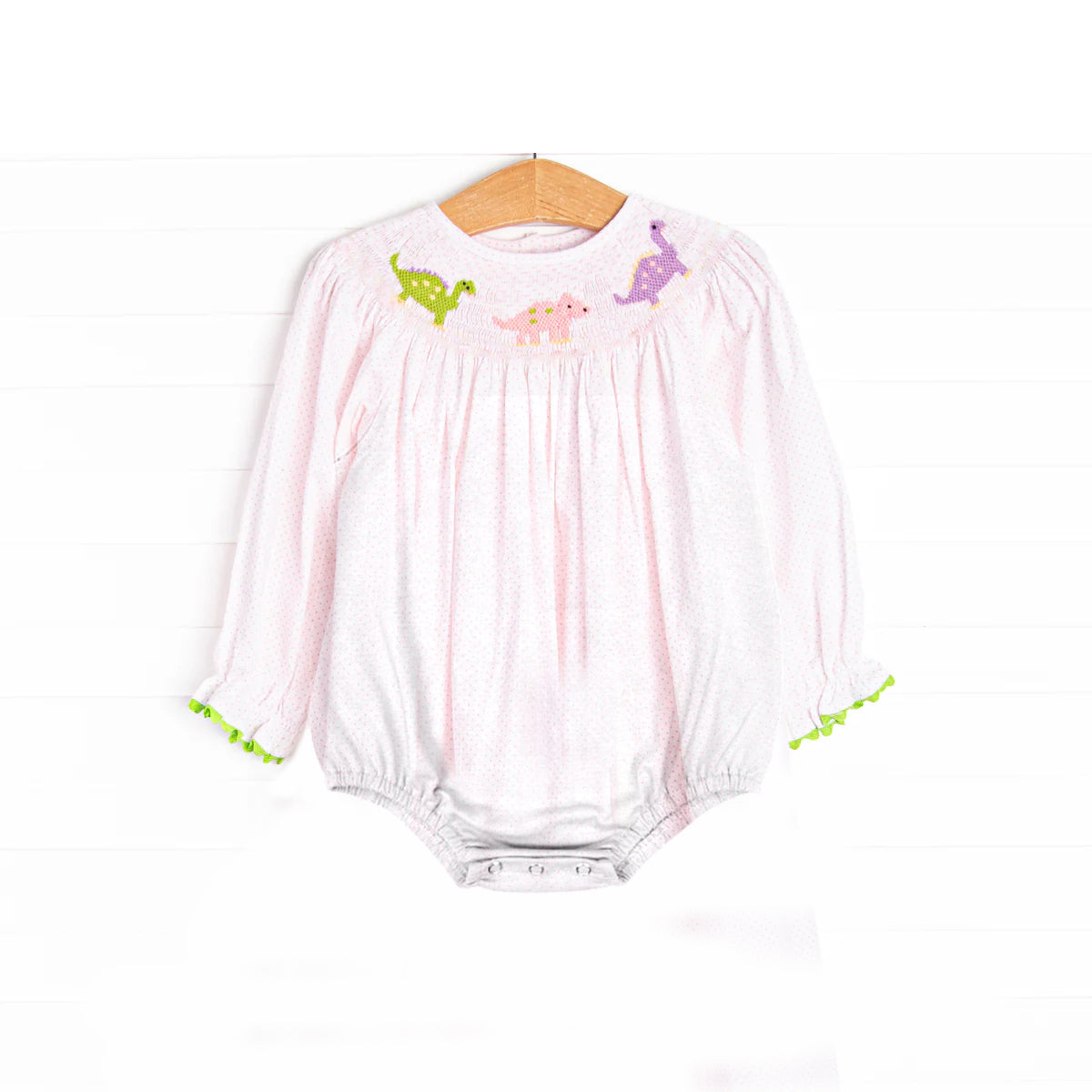(Pre-order)LR2180 Dino Pink Dots Print Baby Girls Long Sleeve Smocked Bubble Romper