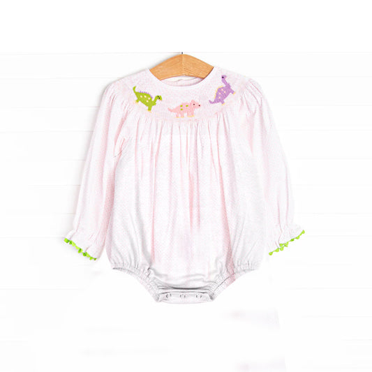 (Pre-order)LR2180 Dino Pink Dots Print Baby Girls Long Sleeve Smocked Bubble Romper
