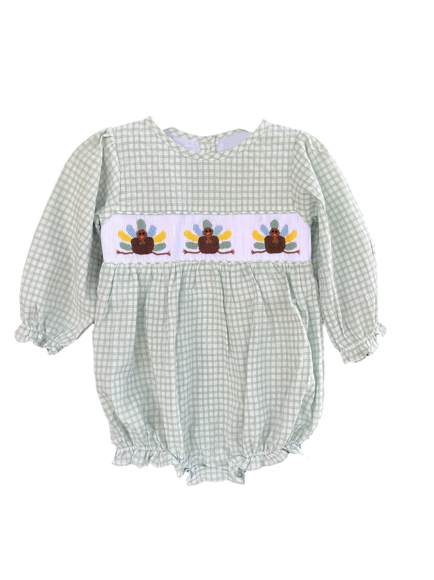 (Pre-order)LR2182 Turkey Green Plaid Print Baby Girls Thanksgiving Smocked Bubble Romper