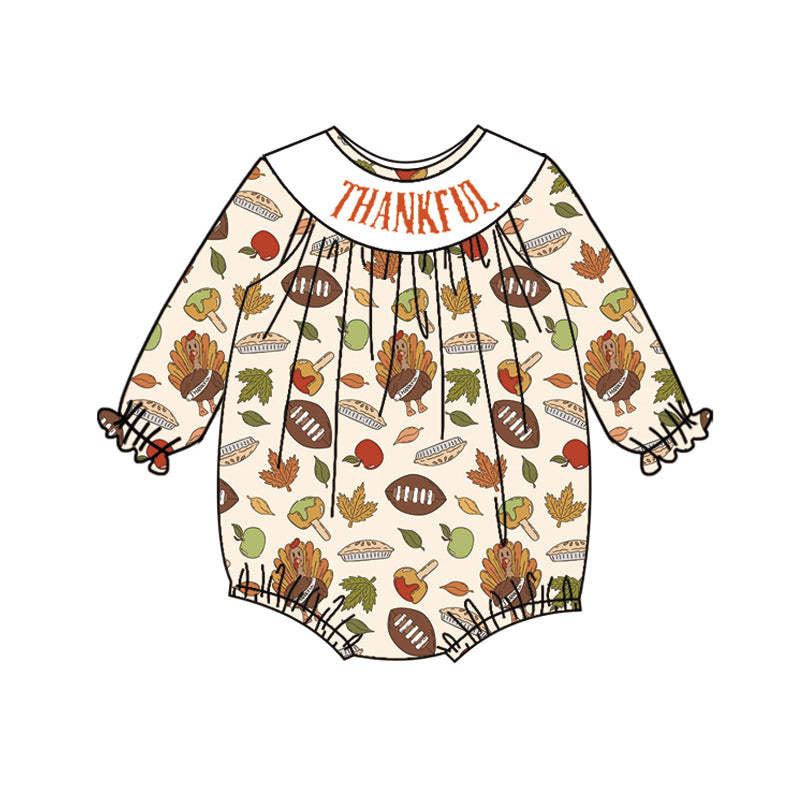 (Pre-order)LR2183 Turkey Leaf Pie Print Baby Girls Thanksgiving Smocked Bubble Romper