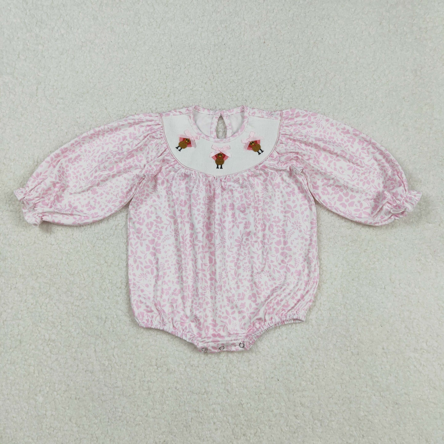 LR2184 Turkey Embroidery Pink Flowers Baby Girls Thanksgiving Smocked Bubble Romper