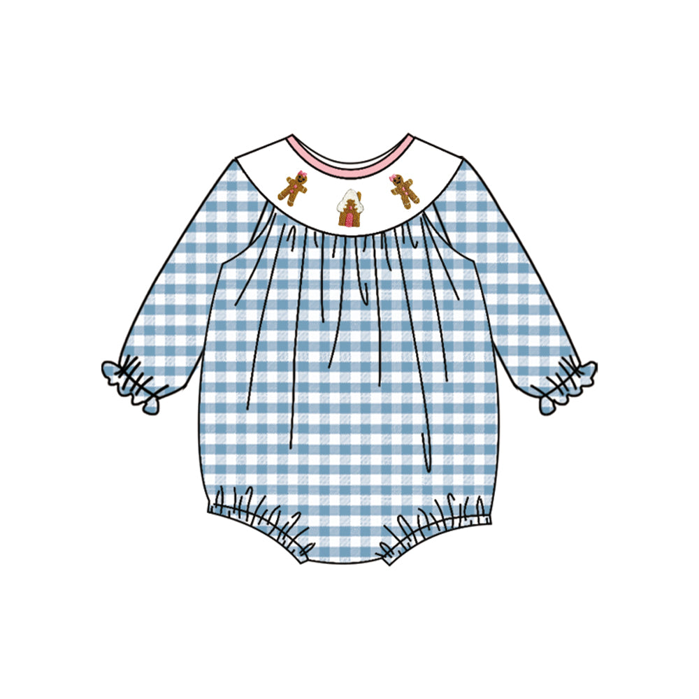 (Pre-order)LR2186 Gingerbread Blue Plaid Print Baby Girls Christmas Smocked Bubble Romper