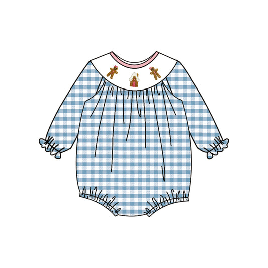 (Pre-order)LR2186 Gingerbread Blue Plaid Print Baby Girls Christmas Smocked Bubble Romper