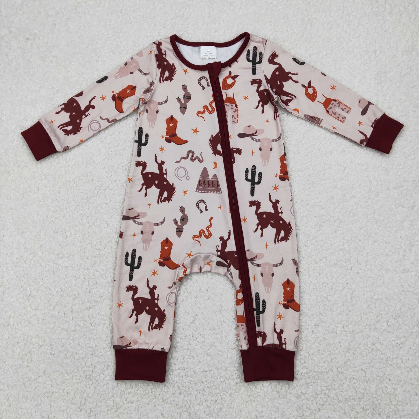 LR2188 Rodeo Boots Western Print Baby Sleeper Zipper Romper