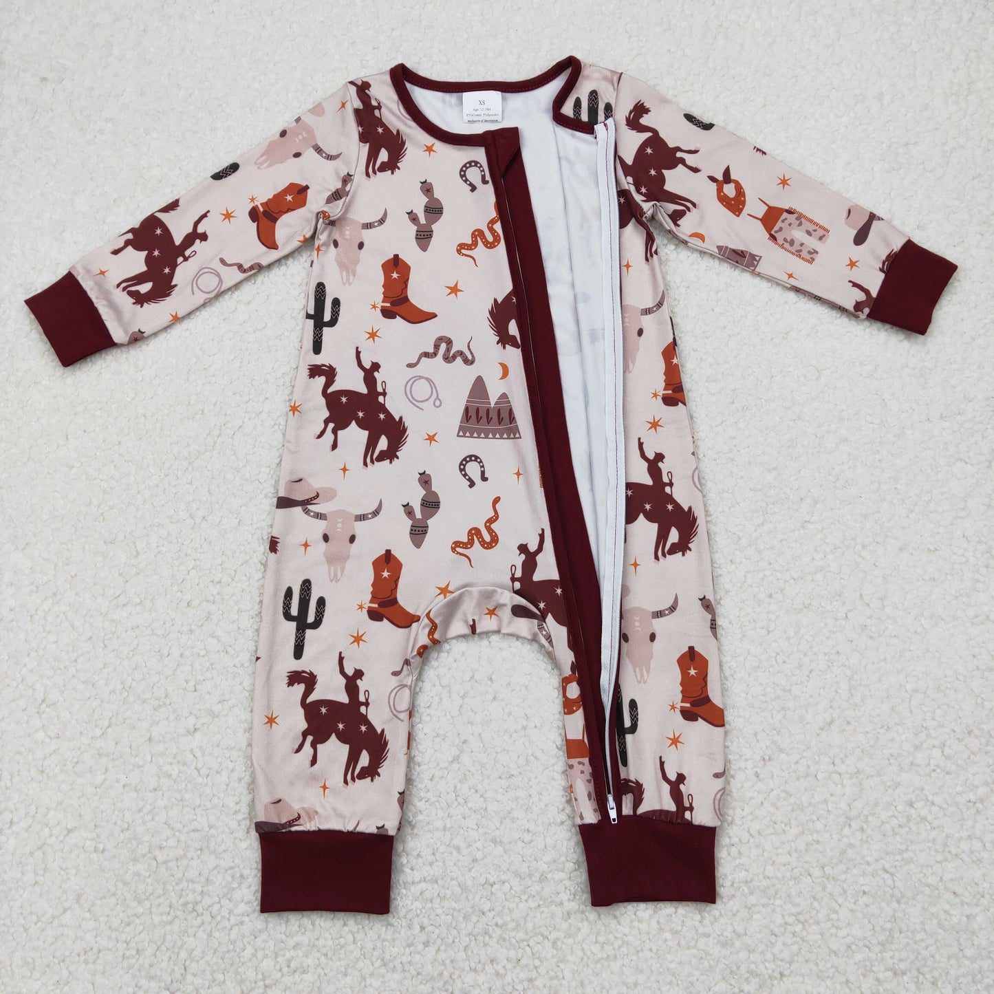 LR2188 Rodeo Boots Western Print Baby Sleeper Zipper Romper