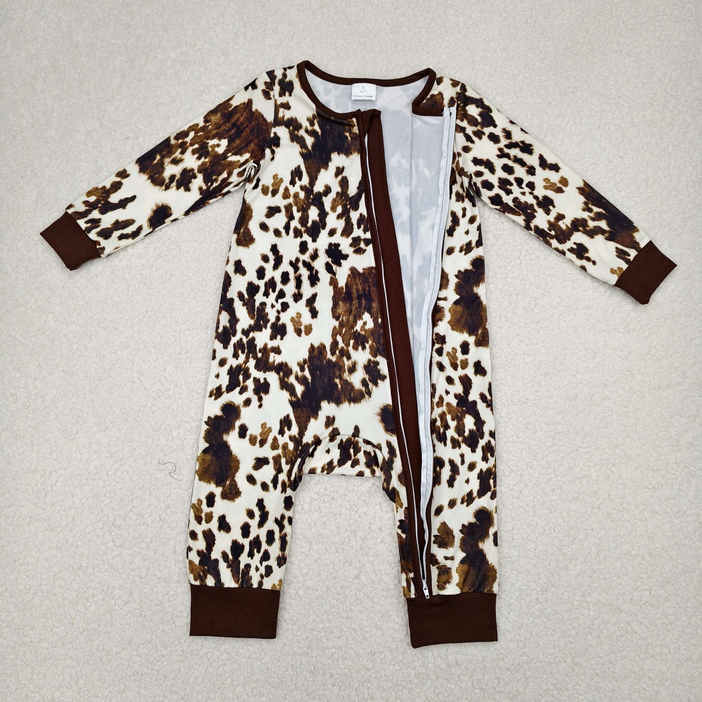 LR2189 Cowhide Print Baby Western Zipper Sleeper Romper