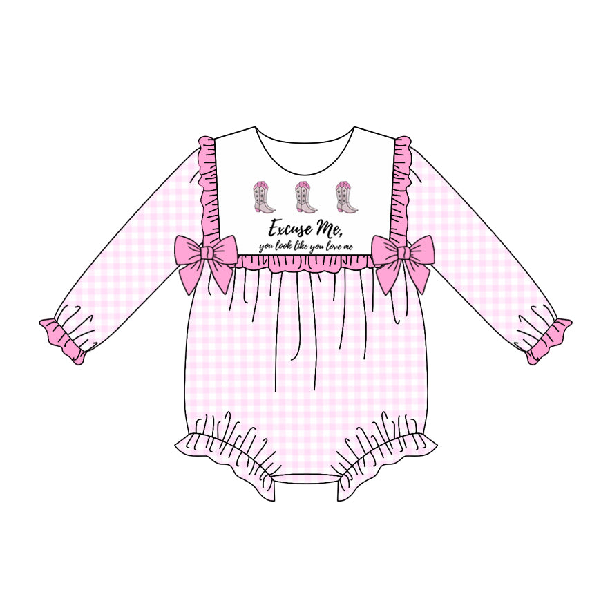 (Pre-order)LR2190 Boots Pink Plaid Print Baby Girls Long Sleeve Western Romper