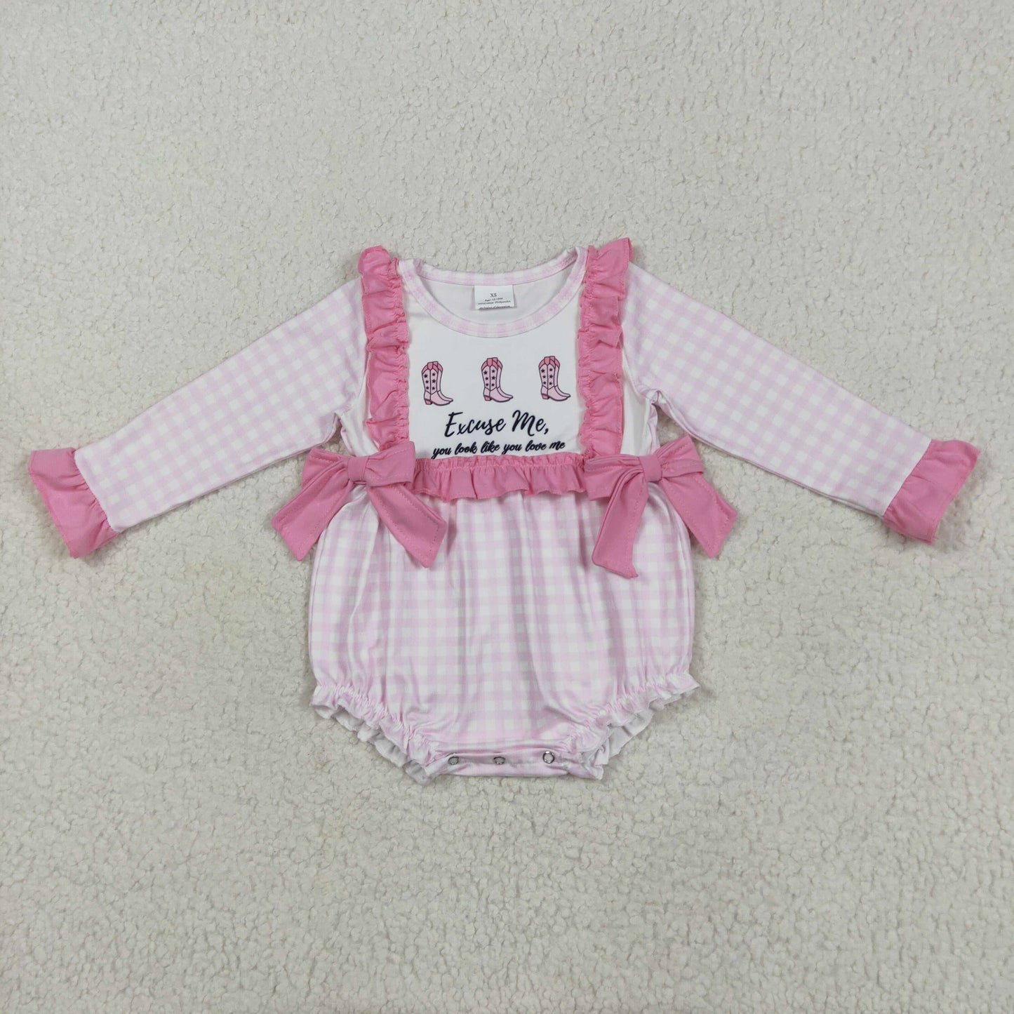LR2190 Boots Pink Plaid Print Baby Girls Long Sleeve Western Romper