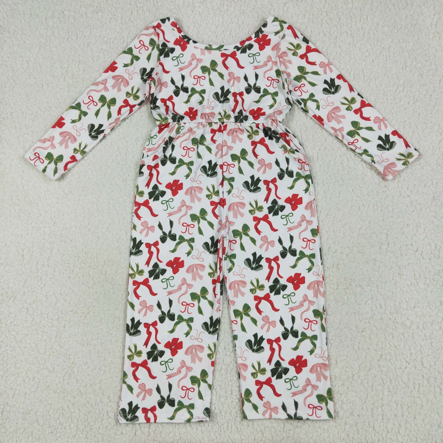 LR2192 Red Green Bows Print Girls Christmas Jumpsuits