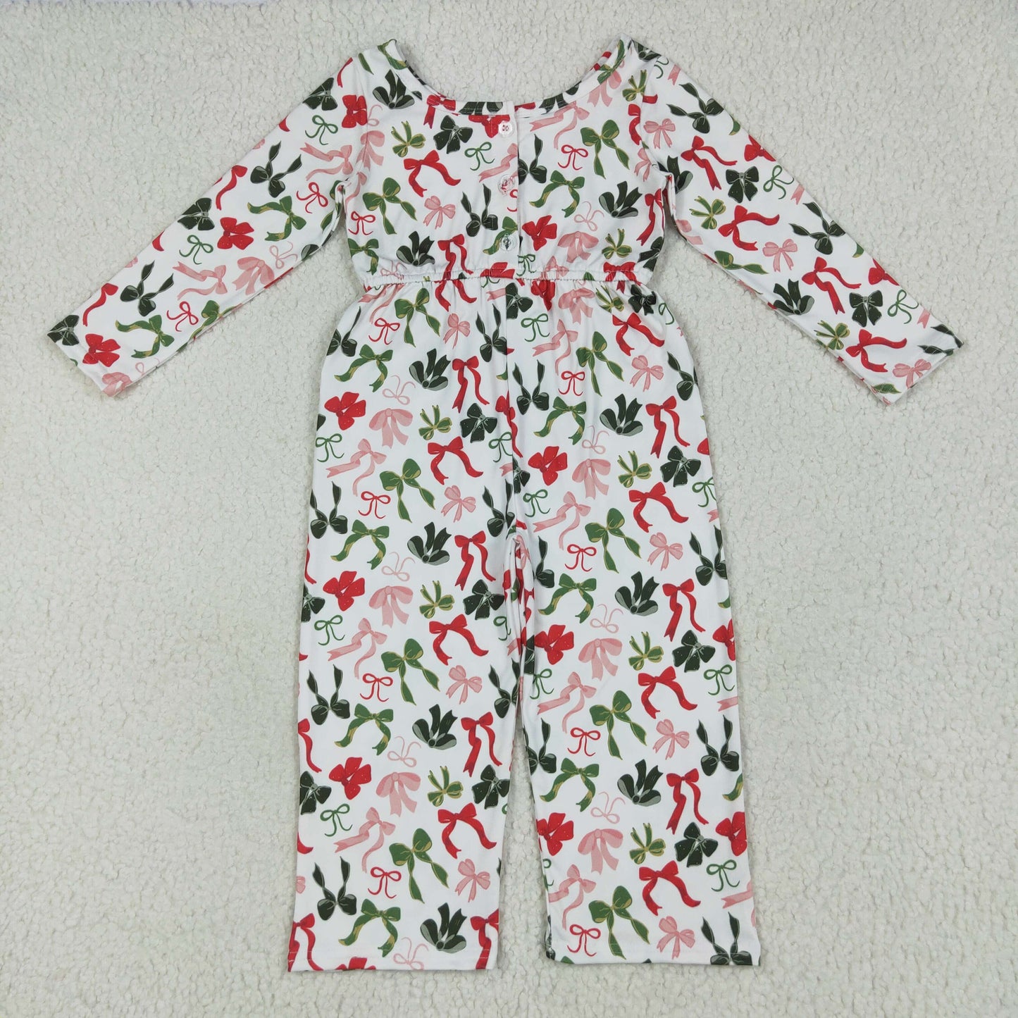 LR2192 Red Green Bows Print Girls Christmas Jumpsuits