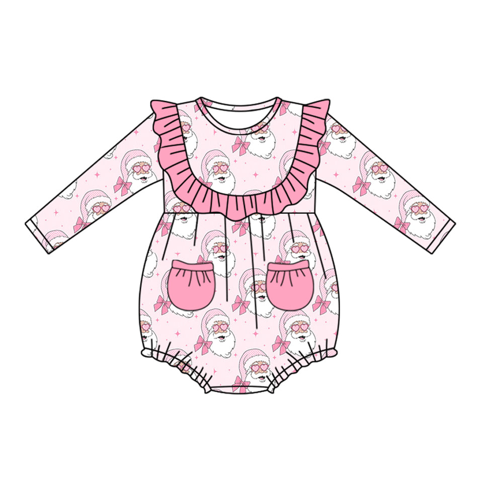 (Pre-order)LR2195 Santa Bows Pink Print Pockets Baby Girls Christmas Romper