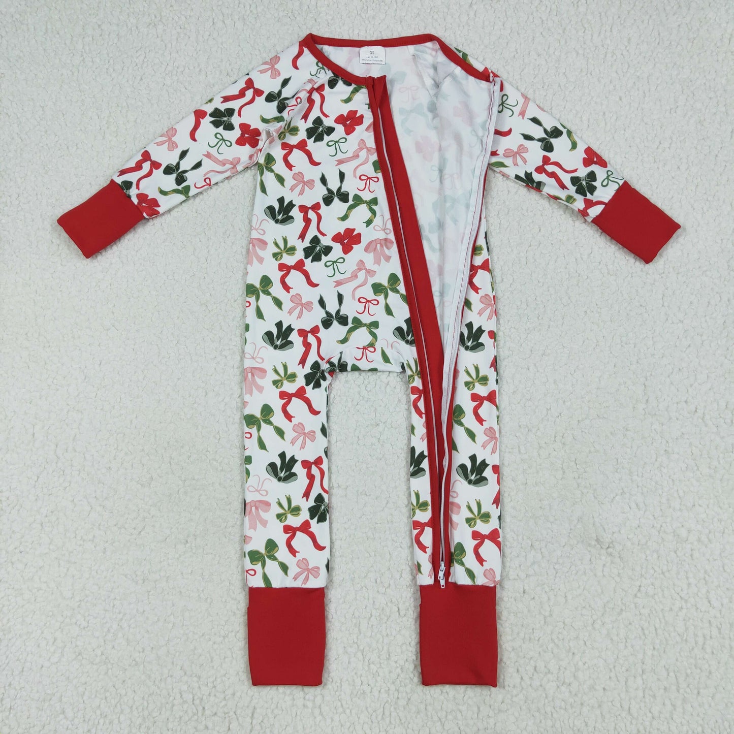LR2203 Red Green Bows Print Baby Girls Christmas Zipper Sleeper Romper