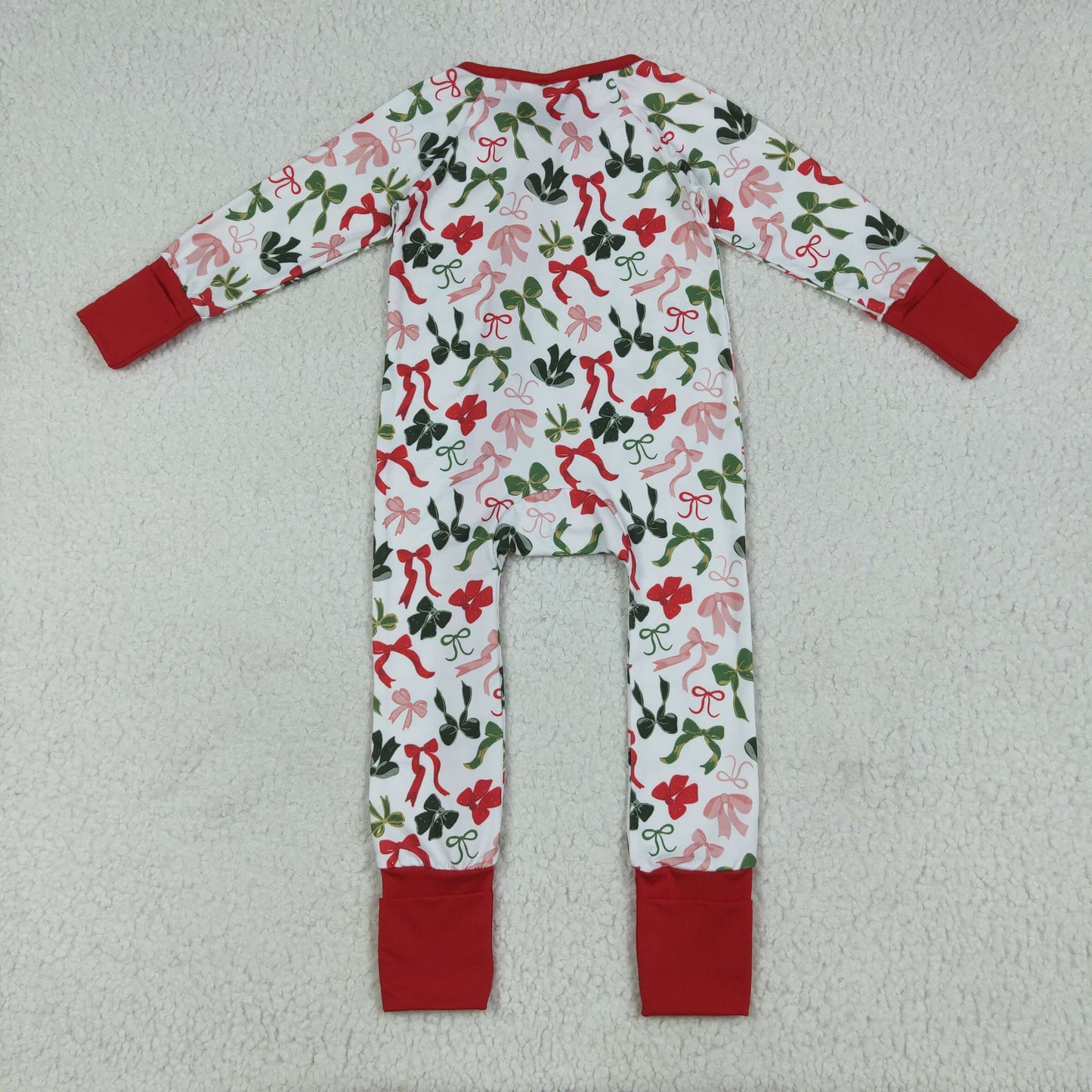 LR2203 Red Green Bows Print Baby Girls Christmas Zipper Sleeper Romper