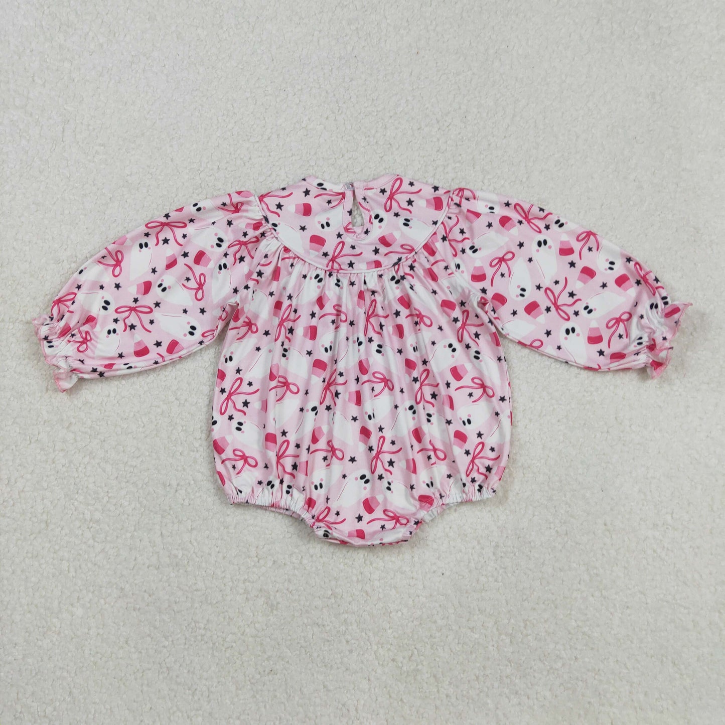 LR2216 Spooky Candy Embroidery Pink Bows Print Baby Girls Halloween Romper