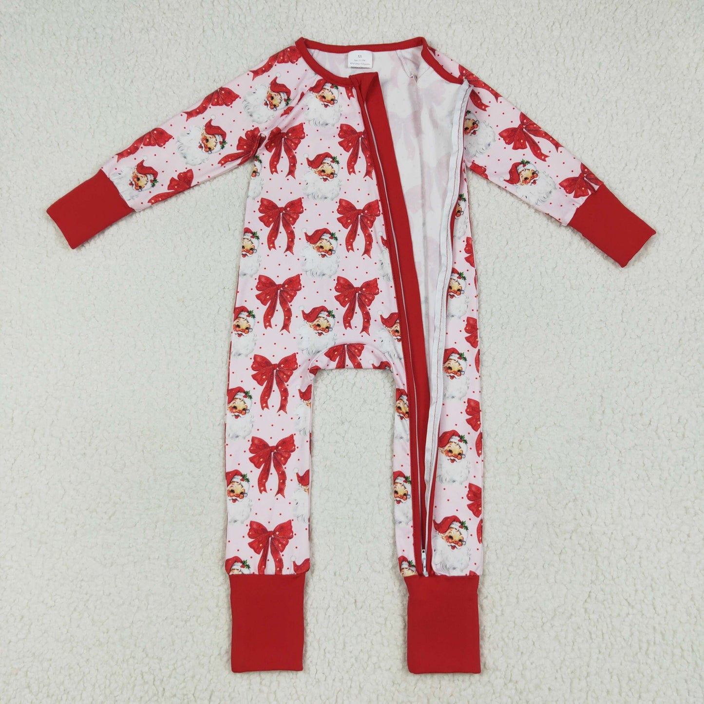 LR2223 Red Bows Santa Print Baby Girls Christmas Zipper Sleeper Romper