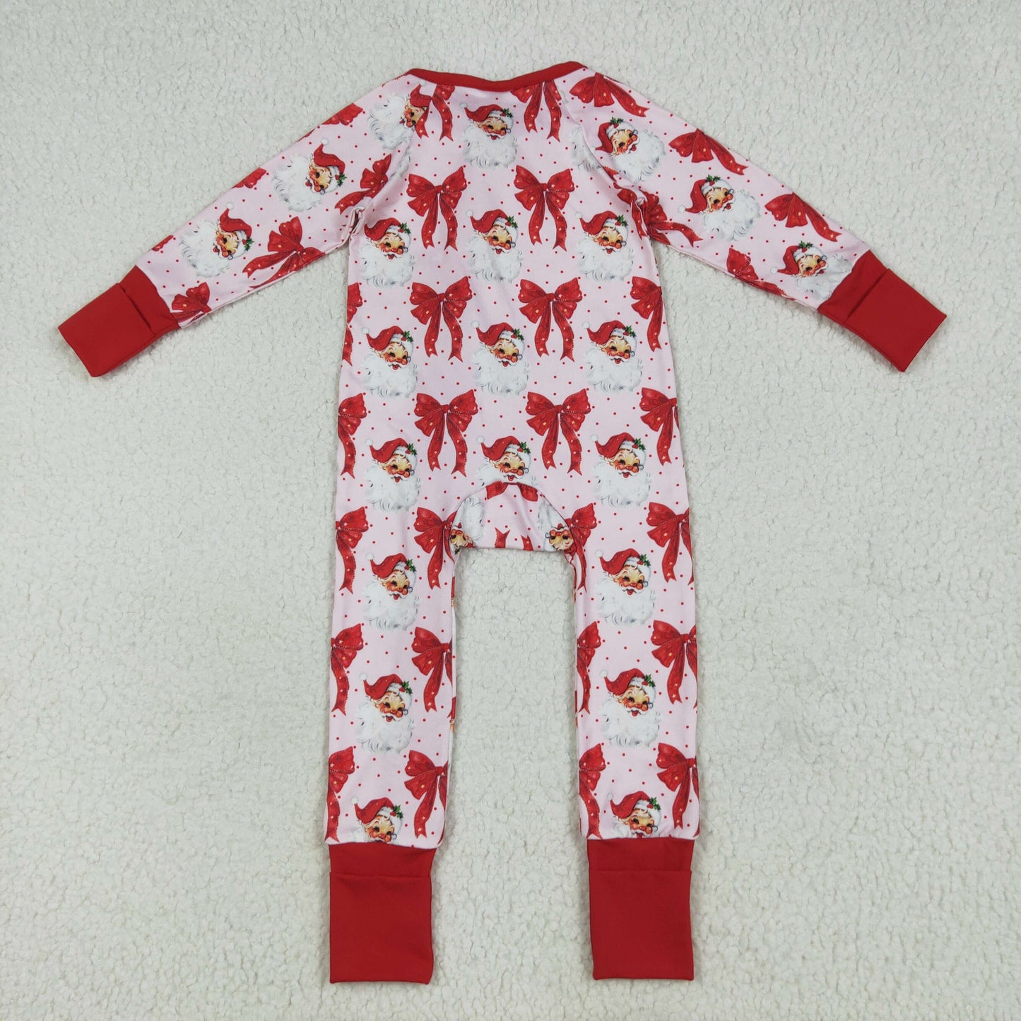 LR2223 Red Bows Santa Print Baby Girls Christmas Zipper Sleeper Romper