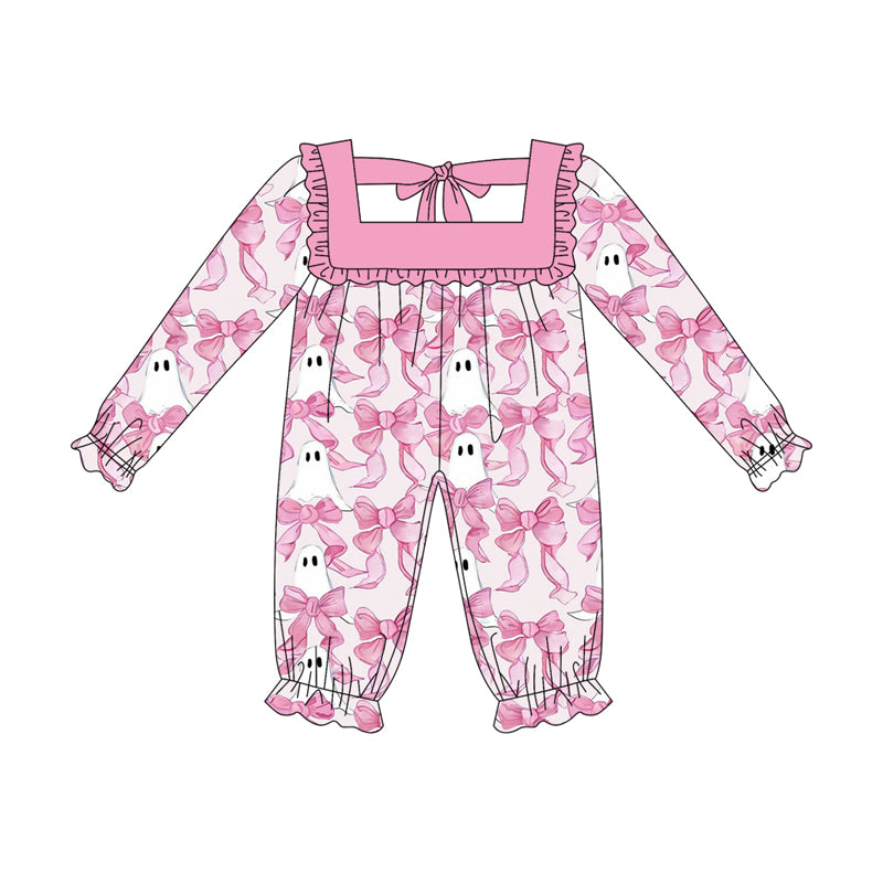 (Pre-order)LR2229 Pink Bows Ghost Print Baby Girls Halloween Romper