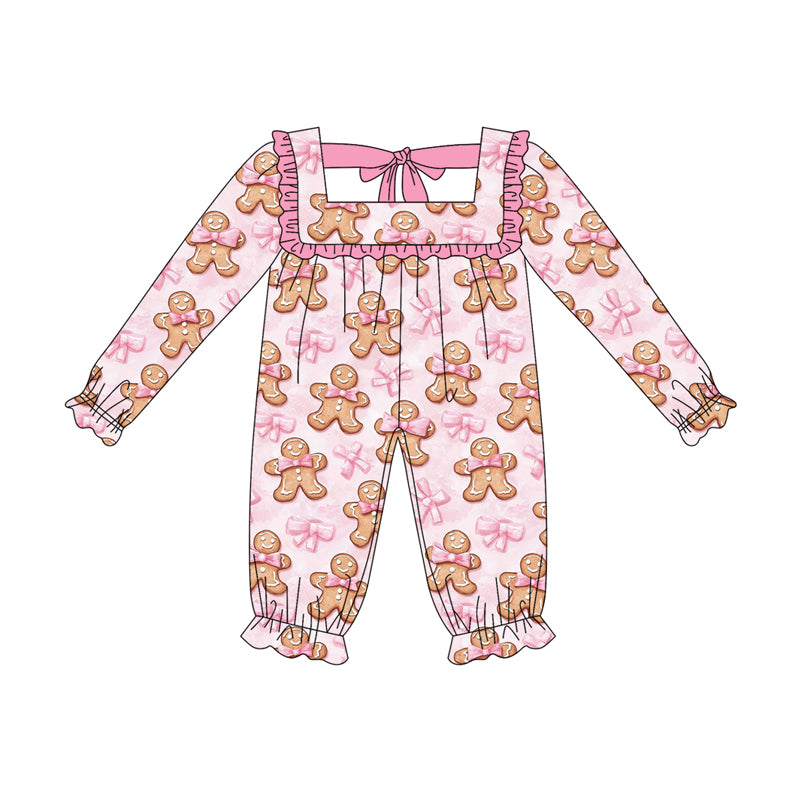 (Pre-order)LR2230 Gingerbread Bows Pink Print Baby Girls Christmas Romper